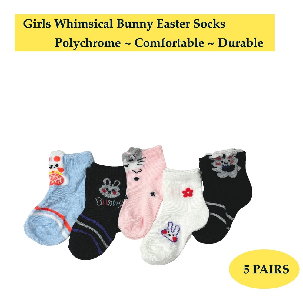 Girls Polychrome Easter Whimsical Bunny Socks 2-3T White Casual Pastel 5 Pairs